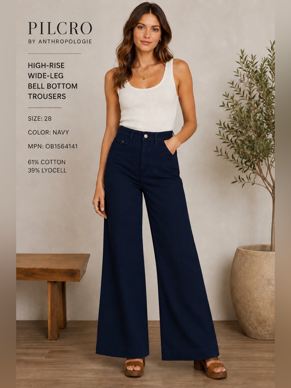 Pilcro Navy High-Rise Wide-Leg Bell-Bottom Trousers